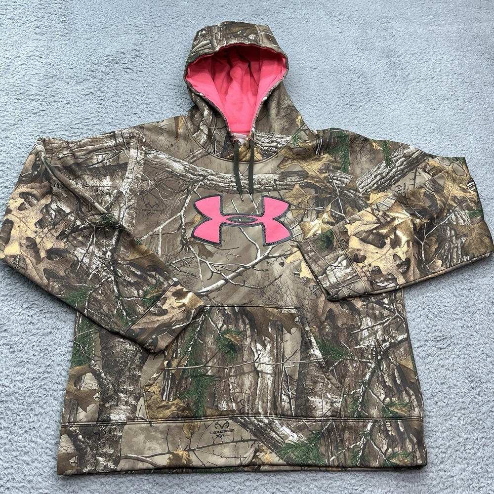 Under Armour Camo Hoodie Womens XL‎ Semi-Fitted Realtree Hunting Pink Logo